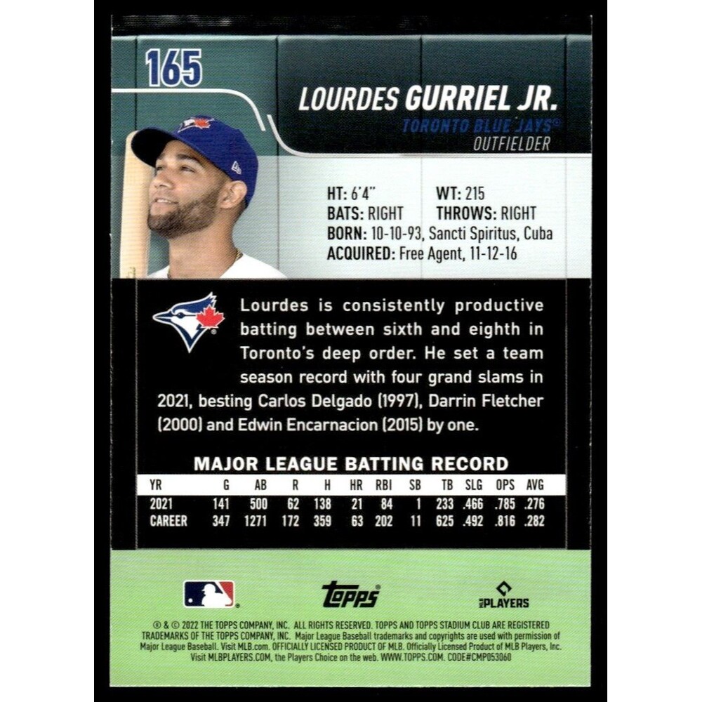 2022 Stadium Club Lourdes Gurriel Jr. Toronto Blue Jays #165 - Picture 2 of 2